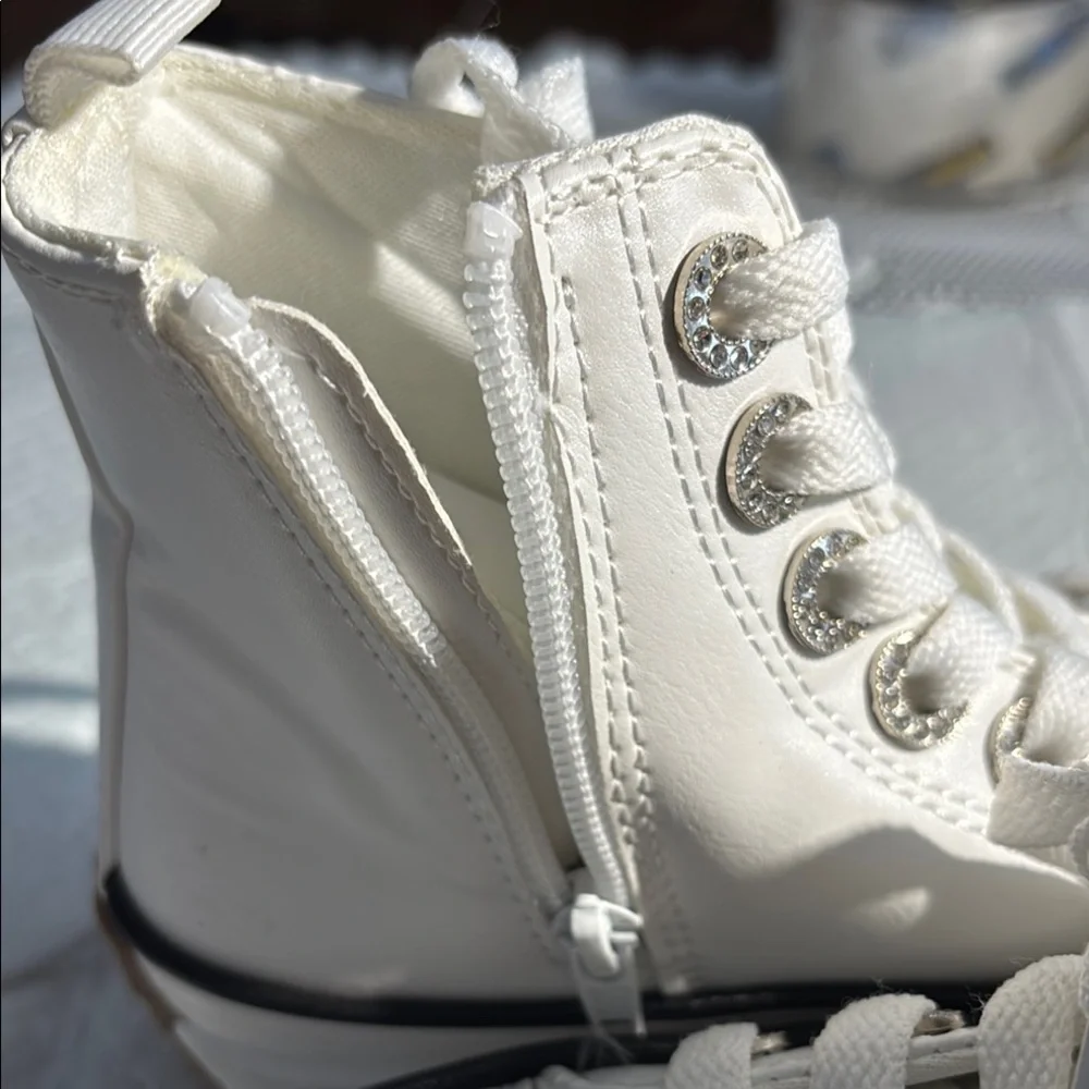 White Lace Up Boots with Textured Canvas and Rubber Sole